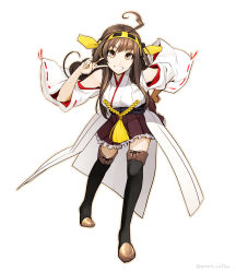 Rule 34 | 10s, 1girl, ahoge, boots, brown eyes, brown hair, facing viewer, fingernails, frilled skirt, frills, grin, hairband, hand on own hip, headgear, japanese clothes, kantai collection, kimono, kongou (kancolle), lace-trimmed sleeves, lace trim, leaning forward, long hair, looking at viewer, miniskirt, nontraditional miko, poaro, ribbon-trimmed sleeves, ribbon trim, skirt, smile, smiley face, solo, tassel, twitter username, v