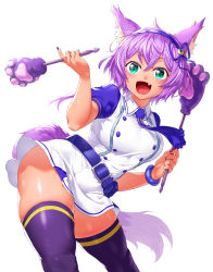 Rule 34 | 1girl, absurdres, animal ear fluff, animal ears, animal hands, belt, belt buckle, blue belt, blue dress, blue hairband, blush, bracelet, buckle, buttons, dark-skinned female, dark skin, double-breasted, dress, drumsticks, green eyes, hairband, highres, holding, holding drumsticks, jewelry, long hair, looking at viewer, nail polish, onsoku inu, open mouth, puffy sleeves, purple hair, purple nails, purple thighhighs, ruhuyu (show by rock!!), shiny skin, show by rock!!, simple background, skindentation, solo, standing, tail, thighhighs, thighs, two-tone dress, white background, white dress