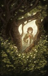 1girl angel angel_wings brown_eyes brown_hair brown_jacket haibane_renmei halo highres jacket long_sleeves monlopolo open_clothes open_jacket rakka_(haibane) solo traditional_halo tree wings