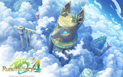 Rule 34 | 10s, 2013, blue sky, cloud, copyright name, day, english text, fox, from above, glowing, highres, ladder, logo, multiple tails, no humans, official art, official wallpaper, pillar, rune factory, rune factory 4, runes, scenery, sky, statue, tail, wallpaper, watermark
