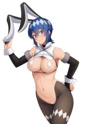 Rule 34 | 1girl, alfort (may0508), animal ears, areola slip, black choker, blue hair, breasts, choker, closed mouth, elbow gloves, fake animal ears, fur trim, gloves, highres, kinou shia, large breasts, leotard, maebari, meikyuu black company, meme attire, navel, pasties, playboy bunny, red eyes, reverse bunnysuit, reverse outfit, short hair, simple background, smile, solo, symbol-shaped pupils, thighhighs, white background