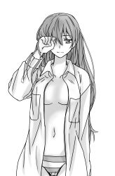 Rule 34 | 1girl, breasts, evangelion: 3.0+1.0 thrice upon a time, hair down, highleg, highleg panties, highres, jacket, large breasts, light smile, long hair, looking at viewer, monochrome, n0lilica, naked shirt, navel, neon genesis evangelion, nipples, no bra, open clothes, open shirt, panties, rebuild of evangelion, shirt, smile, solo, souryuu asuka langley, striped clothes, striped panties, underwear, waking up, white background, wide hips