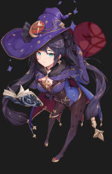 Rule 34 | 1girl, absurdres, aoria, aqua eyes, black background, black pantyhose, book, breasts, cape, choker, covered navel, detached sleeves, earrings, full body, genshin impact, gloves, hair ornament, half-closed eyes, hat, highres, jewelry, leaning forward, legs, leotard, long sleeves, mona (genshin impact), pantyhose, simple background, solo, star (symbol), star earrings, star hair ornament, twintails, witch hat