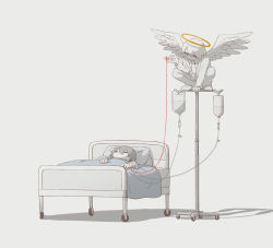 Rule 34 | 2boys, absurdres, angel, angel wings, avogado6, bed, closed mouth, colored skin, commentary request, grey hair, half-closed eyes, halo, highres, hospital bed, intravenous drip, jacket, long sleeves, lying, male focus, multiple boys, necktie, on back, on bed, original, pants, shoes, simple background, smile, squatting, string, string of fate, white background, white footwear, white hair, white jacket, white neckwear, white pants, white skin, white wings, wings