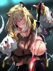 Rule 34 | 1girl, :d, animal ear fluff, animal ears, arknights, black nails, black thighhighs, blonde hair, blood, blood on clothes, blood on face, breasts, brown sweater, cleavage, cowboy shot, fingernails, garter straps, head tilt, heavy breathing, holding, holding sword, holding weapon, hug, huge breasts, injury, long fingernails, long hair, long sleeves, looking at viewer, nipples, no bra, one breast out, open mouth, purple eyes, sharp fingernails, signature, smile, solo, sweater, sword, tail, thighhighs, torn clothes, torn sweater, torn thighhighs, usuki (graygreed), utage (arknights), weapon