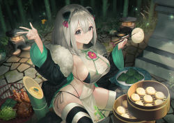 Rule 34 | 1girl, absurdres, animal ears, bamboo, bamboo forest, basket, bikini, black bikini, braid, breasts, china dress, chinese clothes, chopsticks, cleavage, commentary request, dress, dumpling, food, forest, fur-trimmed jacket, fur trim, grey eyes, grey hair, highres, jacket, lantern, large breasts, looking at viewer, lynn (pride of eden), mamima, multi-strapped bikini bottom, nature, panda ears, pelvic curtain, red: pride of eden, see-through, short hair, side-tie bikini bottom, sitting, smile, solo, striped clothes, striped thighhighs, swimsuit, thighhighs, wariza