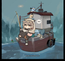 Rule 34 | 1girl, animal, berry, binoculars, boat, brown capelet, brown cloak, brown eyes, brown footwear, brown hair, brown skirt, bubble, capelet, cloak, crossed bangs, dredge (video game), earrings, english text, fish, fishing, fishing rod, fongban illust, food-themed earrings, forest, gloves, grey sky, hat, high tops, highres, holding, holding animal, holding binoculars, holding fish, holding fishing rod, holding paper, hololive, hololive english, hood, hood up, hooman (nanashi mumei), jewelry, long skirt, multicolored hair, nanashi mumei, nanashi mumei (casual), nature, outdoors, paper, partially fingerless gloves, plaid, plaid skirt, reading, red socks, ribbon, rope, sailboat, sailor, sailor collar, sailor hat, shirt, shoes, short hair, skirt, sky, sneakers, socks, speech bubble, streaked hair, virtual youtuber, water, watercraft, white shirt