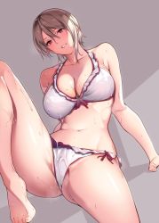 Rule 34 | 10s, 1girl, barefoot, bikini, breasts, cleavage, collarbone, crotch, from above, grey background, groin, large breasts, leg up, looking at viewer, looking down, nakiri alice, nanao (mahaya), red eyes, shaded face, shokugeki no souma, short hair, silver hair, simple background, sitting, solo, spread legs, sweat, swimsuit, thighs, toes, wet, white bikini