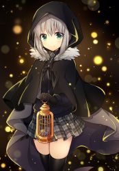 Rule 34 | 1girl, black background, black coat, black thighhighs, blush, closed mouth, coat, fate (series), fur collar, gloves, gray (fate), green eyes, grey hair, highres, hood, lantern, lens flare, light particles, looking at viewer, lord el-melloi ii case files, pleated skirt, ribbon, short hair, skirt, standing, thighhighs, uniform, yimu