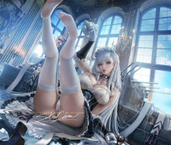 Rule 34 | 1girl, artist name, azur lane, belfast (azur lane), braid, breasts, chain, chandelier, choker, cleavage, cup, feet, female focus, french braid, gloves, holding, large breasts, long hair, maid, maid headdress, panties, parted lips, patreon username, purple eyes, sakimichan, signature, skindentation, solo, teapot, thighhighs, underwear, upskirt, watermark, web address, white gloves, white hair, white panties, white theme, white thighhighs, window