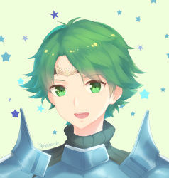 Rule 34 | 1boy, alm (fire emblem), armor, artist name, circlet, fire emblem, fire emblem echoes: shadows of valentia, green background, green eyes, green hair, highres, male focus, nintendo, open mouth, portrait, simple background, solo, star (symbol), teeth