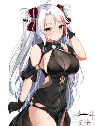 Rule 34 | 2girls, absurdres, animal ears, antenna hair, azur lane, black dress, black gloves, blush, bow, breasts, brown eyes, chibi, chibi inset, cleavage, closed mouth, clothing cutout, commentary request, dress, gloves, hair between eyes, hair bow, hair ornament, hairband, hand up, highres, laffey (azur lane), large breasts, mole, mole on breast, moyoron, multicolored hair, multiple girls, prinz eugen (azur lane), prinz eugen (cordial cornflower) (azur lane), rabbit ears, red bow, red hair, see-through, short sleeves, shoulder cutout, sidelocks, simple background, smile, solo focus, streaked hair, two side up, white background