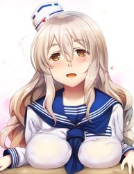 Rule 34 | 10s, 1girl, :d, alternate costume, between breasts, blush, breast press, breast rest, breasts, brown eyes, commentary request, drunk, grey hair, hair between eyes, hat, highres, kantai collection, large breasts, long hair, long sleeves, looking at viewer, mini hat, neckerchief, open mouth, out of frame, pola (kancolle), sailor collar, school uniform, serafuku, smile, solo, sorano (12gou), thick eyebrows, uniform, wavy hair