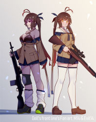 Rule 34 | 2girls, antenna hair, bad id, bad pixiv id, battle rifle, bikini, bikini top only, black bikini, breasts, brown footwear, brown hair, closed mouth, collarbone, commentary request, dual persona, girls&#039; frontline, gun, highres, holding, holding gun, holding weapon, large breasts, loafers, long hair, long sleeves, looking at viewer, m14, m14 (girls&#039; frontline), multiple girls, off shoulder, parted lips, pleated skirt, rifle, shoes, skirt, sneakers, standing, swimsuit, teeth, thighhighs, twintails, warashi, weapon, white legwear, yellow eyes