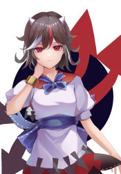 Rule 34 | 1girl, absurdres, arrow (projectile), black hair, blue bow, bow, bracelet, closed mouth, cone horns, cowboy shot, dress, grey horns, highres, horns, jewelry, kijin seija, koizumo, looking at viewer, multicolored hair, puffy short sleeves, puffy sleeves, red eyes, red hair, short sleeves, solo, standing, streaked hair, touhou, white hair