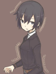 Rule 34 | 00s, 1girl, belt, black eyes, black hair, breasts, brown background, brown belt, collared shirt, formal, kino (kino no tabi), kino no tabi, looking back, motorii, reverse trap, shirt, short hair, simple background, small breasts, solo, suit, upper body, white shirt