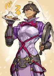 Rule 34 | 1boy, ahoge, bacon, brown hair, commentary request, cosplay, covered navel, cowboy shot, dark-skinned male, dark skin, egg, egg (food), fate/grand order, fate (series), fingerless gloves, food, fried egg, frying pan, gloves, highres, holding, holding plate, looking at viewer, male focus, melon22, minamoto no raikou (fate), minamoto no raikou (fate) (cosplay), ozymandias (fate), plate, short hair, skin tight, smile, sound effects, yellow eyes