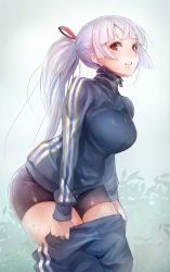 Rule 34 | 1girl, bike shorts, blush, breasts, curvy, female focus, hair ribbon, highres, jacket, large breasts, leaning forward, long hair, long sleeves, looking at viewer, original, parted lips, ponytail, red eyes, ribbon, silver hair, sky, solo, taishi (picchiridou), thighs, track jacket, track suit, tsuru-chan, undressing, very long hair, white sky, wide hips