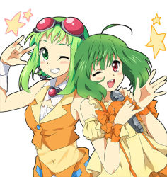 Rule 34 | 00s, 2girls, \m/, ahoge, bad id, bad pixiv id, blush, bow, crossover, dress, goggles, goggles on head, green eyes, green hair, gumi, headset, macross, macross frontier, maruki (punchiki), microphone, multiple girls, nakajima megumi, one eye closed, ranka lee, red-tinted eyewear, red eyes, seikan hikou, simple background, smile, star (symbol), tinted eyewear, vocaloid, voice actor connection, white background, wink