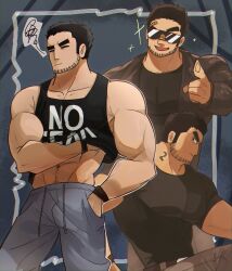 Rule 34 | 1boy, absurdres, alternate costume, bara, beard stubble, black hair, black tank top, closed eyes, collage, facial hair, facing ahead, feet out of frame, highres, huge eyebrows, inset border, jacket, large pectorals, lifting own clothes, lucas lee, male focus, muscular, muscular male, navel hair, neck tattoo, official style, pants, partydave (pdave rainbows), pectorals, pointing, pointing at viewer, profile, scott pilgrim (series), scott pilgrim takes off, scratching, shirt, short hair, short sleeves, smile, sparkle, squiggle, stubble, sunglasses, t-shirt, tank top, tattoo, tight clothes, tight shirt, track pants