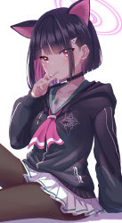 Rule 34 | 1girl, animal ears, black choker, black hair, black jacket, black pantyhose, blue archive, blue sailor collar, blush, candy, choker, colored inner hair, food, hair ornament, hairclip, halo, highres, hood, hooded jacket, jacket, kazusa (blue archive), lollipop, long sleeves, looking at viewer, miniskirt, multicolored hair, neckerchief, pantyhose, pink eyes, pink hair, pink neckerchief, pleated skirt, sailor collar, short hair, simple background, skirt, solo, take-run-atelier, two-tone hair, white background, white skirt