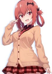 Rule 34 | 1girl, :3, collared shirt, fang, gabriel dropout, hair rings, highres, long hair, long sleeves, looking at viewer, mikoscrub, necktie, open mouth, pleated skirt, red eyes, red hair, red necktie, red skirt, satanichia kurumizawa mcdowell, school uniform, shirt, skirt, smile, solo, sweater