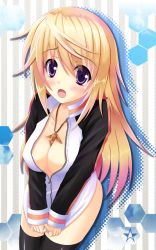 Rule 34 | 10s, 1girl, blonde hair, bottomless, breasts, charlotte dunois, cleavage, highres, infinite stratos, jacket, long hair, naked jacket, no bra, no panties, open mouth, purple eyes, solo, staryume, thighhighs, track jacket