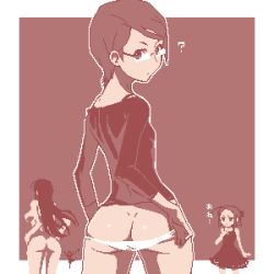 Rule 34 | 4girls, artist request, ass, bare shoulders, breasts, character request, eyebrows, flat chest, from behind, glasses, gluteal fold, hair ornament, large breasts, long hair, long sleeves, looking at viewer, looking back, lowres, monochrome, multiple girls, nude, oekaki, panties, panty pull, parted lips, short hair, swept bangs, underwear, undressing, white panties