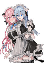 Rule 34 | 2girls, absurdres, alternate costume, animal ears, apron, bell, black dress, black gloves, black legwear, blue bow, blue eyes, blue hair, blue ribbon, blush, bow, braid, breasts, cat ears, cat girl, cat tail, chihuri, commentary request, dress, enmaided, frilled apron, frilled dress, frilled gloves, frilled legwear, frills, gloves, hair between eyes, hair ribbon, highres, jingle bell, kemonomimi mode, maid, maid headdress, medium breasts, multiple girls, neck bell, nose blush, open mouth, original, parted lips, pink hair, puffy short sleeves, puffy sleeves, purple eyes, ribbon, short sleeves, simple background, smile, tail, thighhighs, white apron, white background, wrist cuffs, yuri