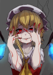 Rule 34 | 1girl, absurdres, blonde hair, blood, blood on face, blood on hands, fangs, flandre scarlet, hat, highres, looking at viewer, red eyes, smile, solo, tobihira, touhou, upper body, vampire, wings
