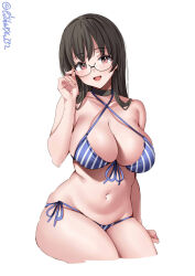 Rule 34 | 1girl, adjusting eyewear, alternate costume, bare shoulders, bikini, black choker, black hair, blue bikini, blush, breasts, choker, choukai (kancolle), collarbone, criss-cross halter, cropped legs, ebifurya, front-tie bikini top, front-tie top, glasses, halterneck, hand up, highres, invisible chair, kantai collection, large breasts, long hair, looking at viewer, navel, one-hour drawing challenge, open mouth, red eyes, side-tie bikini bottom, simple background, sitting, skindentation, smile, solo, stomach, strap gap, striped, striped bikini, swimsuit, thighs, twitter username, white background