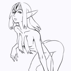 Rule 34 | 1girl, ao no roku-gou, bad id, bb (baalbuddy), bent over, censored, censored nipples, cowboy shot, fins, flat chest, furry, furry female, greyscale, inactive account, long hair, monochrome, monster girl, mutio, nude, pointy ears, sidelocks, simple background, solo, therianthrope