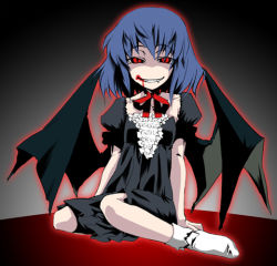 Rule 34 | 1girl, bat wings, blood, blood on face, fangs, female focus, full body, gengorou, goth fashion, gradient background, grin, red eyes, remilia scarlet, slit pupils, smile, socks, solo, touhou, vampire, wings