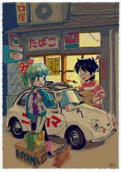 Rule 34 | 1boy, 1girl, arrow (projectile), arrow in body, arrow in head, bag, black hair, bow, box, building, car, cardboard box, cigarette, eye contact, flats, gloves, green eyes, green hair, hair bow, holding, holding box, jacket, kaneoya sachiko, leg warmers, letterman jacket, looking at another, looking back, motor vehicle, mouth hold, night, object through head, open clothes, original, outdoors, pantyhose, polka dot, polka dot bow, ponytail, poster (object), print shirt, shirt, shopping bag, shorts, sign, smoking, striped clothes, striped shirt, subaru (brand), subaru 360, sweatdrop, thumbs up, vehicle focus, yellow eyes