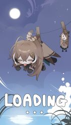 Rule 34 | 1girl, ahoge, brown cape, brown cloak, brown hair, cape, cloak, closed eyes, clothes pin, clothesline, crossed bangs, english text, feather hair ornament, feathers, gloves, hair between eyes, hair ornament, hairclip, hanging, highres, hololive, hololive english, hooman (nanashi mumei), long hair, multicolored hair, mumei (song) (hololive), nanashi mumei, nanashi mumei (1st costume), ponytail, school of fish, sky, star (sky), starry sky, streaked hair, tongue, tongue out, very long hair, virtual youtuber, water, whale, xx tk9