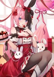 Rule 34 | 1girl, animal ear fluff, animal ears, asymmetrical legwear, blunt bangs, blush, bow, bowtie, breasts, brown hair, cake, chocolate cake, cleavage, commentary request, eating, fake animal ears, food, fruit, hair bow, hair bun, highres, holding, holding food, holding fruit, holding tray, indoors, long hair, looking at viewer, medium breasts, mismatched legwear, multicolored hair, nail polish, parted lips, pink bow, pink hair, pink nails, puffy short sleeves, puffy sleeves, purple eyes, red bow, red bowtie, red ribbon, ribbon, short sleeves, single leg pantyhose, single thighhigh, solo, split-color hair, strawberry cake, tachibana hinano (vtuber), thighhighs, touri tarou (misconception), tray, two-tone hair, virtual youtuber, vspo!, white thighhighs