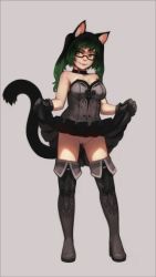 Rule 34 | 1girl, animal ear fluff, animal ears, black gloves, black skirt, boots, breasts, cat ears, cat girl, cat tail, choker, cleavage, cleft of venus, clothes lift, corset, full body, glasses, gloves, gradient hair, green eyes, grey background, highres, lifting own clothes, multicolored hair, no panties, original, paintrfiend, pussy, simple background, skirt, skirt lift, smile, solo, standing, tagme, tail, tharkis, thigh boots, thighhighs, twintails, uncensored