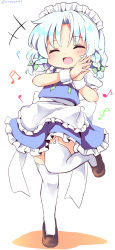 Rule 34 | 1girl, ^ ^, apron, artist name, beamed eighth notes, blue vest, blush, bow, braid, brown footwear, closed eyes, commentary request, frilled apron, frills, full body, garter straps, green bow, green neckwear, green ribbon, hair bow, hands up, highres, izayoi sakuya, leg up, maid, maid apron, maid headdress, musical note, open mouth, own hands together, petticoat, puffy short sleeves, puffy sleeves, ramudia (lamyun), ribbon, shoes, short hair, short sleeves, silver hair, simple background, solo, standing, standing on one leg, steepled fingers, thighhighs, thighs, touhou, twin braids, twitter username, vest, waist apron, white apron, white background, white thighhighs, wrist cuffs