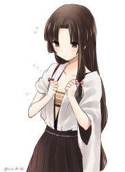 Rule 34 | 10s, 1girl, bandeau, black skirt, blush, bow, brown eyes, brown hair, closed mouth, collarbone, cowboy shot, dressing, eyebrows, flying sweatdrops, hair bow, hair intakes, ica, kantai collection, long hair, pleated skirt, red bow, shouhou (kancolle), sidelocks, simple background, skirt, solo, twitter username, very long hair, white background, wide sleeves