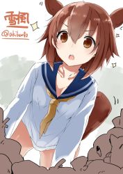 Rule 34 | 10s, 1girl, akiha (attract), all fours, animal ears, bad id, bad twitter id, blush, breasts, brown eyes, brown hair, character name, chestnut mouth, cleavage, collarbone, dress, kantai collection, kskasutera, open mouth, sailor dress, short hair, small breasts, solo, sparkle, tail, twitter username, yukikaze (kancolle)
