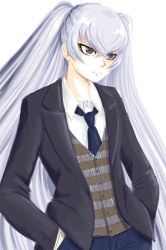 Rule 34 | 1girl, :|, altair (re:creators), black necktie, closed mouth, drawfag, formal, hands in pockets, long hair, necktie, re:creators, red eyes, silver hair, solo, standing, striped clothes, striped vest, suit, very long hair, vest
