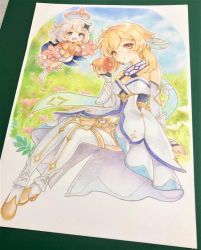 Rule 34 | 2girls, bare shoulders, blonde hair, blue eyes, blush, breasts, cape, colored pencil (medium), detached sleeves, dress, floating, flower, food, genshin impact, grass, hair between eyes, hair flower, hair ornament, halo, highres, holding, holding food, looking at viewer, lumine (genshin impact), medium breasts, meillandina, multiple girls, open mouth, paimon (genshin impact), photo (medium), pink flower, scarf, short hair, sitting, sky, sunsettia (genshin impact), traditional media, white dress, white hair, white legwear, yellow eyes