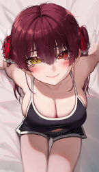 Rule 34 | 1girl, absurdres, arm support, bare arms, bed sheet, black shorts, black sports bra, blush, breasts, cleavage, closed mouth, cowboy shot, from above, hair between eyes, hair ribbon, highres, hololive, houshou marine, large breasts, long hair, looking at viewer, on bed, red eyes, red hair, red ribbon, revision, ribbon, short shorts, shorts, sitting, smile, solo, sports bra, thigh gap, torriet, virtual youtuber, yellow eyes