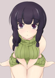 Rule 34 | 10s, 1girl, backless outfit, bare arms, bare back, bare legs, bare shoulders, black eyes, black hair, blunt bangs, breasts, dress, from above, halterneck, highres, kantai collection, kiri (foxsnake), kitakami (kancolle), looking at viewer, meme attire, naked sweater, ribbed sweater, sideboob, sitting, solo, sweater, sweater dress, thighs, turtleneck, turtleneck sweater, v arms, virgin killer sweater
