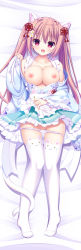 Rule 34 | 1girl, :d, absurdres, animal ear fluff, animal ear legwear, animal ears, apron, bed sheet, blue kimono, blue skirt, blush, breasts, breasts out, brown hair, cat ear legwear, cat ears, cat girl, cat tail, collarbone, commentary request, dakimakura (medium), fang, flower, frilled apron, frilled skirt, frilled sleeves, frills, full body, groin, hair flower, hair ornament, hair ribbon, hairclip, hand up, highres, japanese clothes, kimono, large breasts, long hair, lying, maid, nail polish, nipples, no shoes, off shoulder, on back, open clothes, open kimono, open mouth, original, panties, panty pull, pigeon-toed, pinching sleeves, pink nails, red eyes, red ribbon, ribbon, shiwasu horio, sidelocks, skirt, sleeves past wrists, smile, solo, tail, thighhighs, twintails, underwear, very long hair, wa maid, white apron, white flower, white panties, white thighhighs, wide sleeves