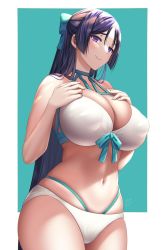 Rule 34 | 1girl, alternate costume, bikini, border, bow, breasts, cleavage, fate/grand order, fate (series), green background, hair bow, half updo, hands on own chest, highres, large breasts, long hair, minamoto no raikou (fate), multi-strapped bikini, navel, okita j. souji (third ascension) (fate), parted bangs, purple eyes, purple hair, smile, suzuki nene, swimsuit, very long hair, white border