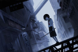 Rule 34 | 1girl, arm at side, bandaged leg, bandages, black footwear, black hair, black sailor collar, breasts, building, city, closed mouth, commentary request, day, dutch angle, fog, grey shirt, highres, holding, holding sword, holding weapon, light bulb, looking at viewer, neckerchief, original, outdoors, pleated skirt, red eyes, red neckerchief, sailor collar, sakiika0513, scenery, school uniform, serafuku, shirt, shoes, short hair, sign, skirt, small breasts, solo, stairs, standing, sword, weapon, window