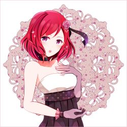 Rule 34 | 10s, 1girl, asymmetrical gloves, bad id, bad pixiv id, blush, choker, collar, dress, elbow gloves, flower, gloves, hair flower, hair ornament, hair ribbon, hand on own chest, lace, looking at viewer, love live!, love live! school idol festival, love live! school idol project, md5 mismatch, mismatched gloves, nishikino maki, open mouth, polka dot, polka dot ribbon, purple eyes, purple gloves, red hair, ribbon, rose, short hair, single elbow glove, solo, strapless, strapless dress, yugamu neiro