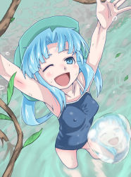 Rule 34 | 1girl, armpits, blue eyes, blue hair, covered erect nipples, female focus, flat chest, from above, hat, kawashiro nitori, matching hair/eyes, muck (artist), one-piece swimsuit, one eye closed, solo, swimsuit, touhou, two side up, water, wink