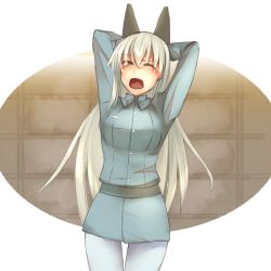 Rule 34 | 1girl, animal ears, blonde hair, blush, eila ilmatar juutilainen, long hair, military uniform, strike witches, unier, world witches series, yawning